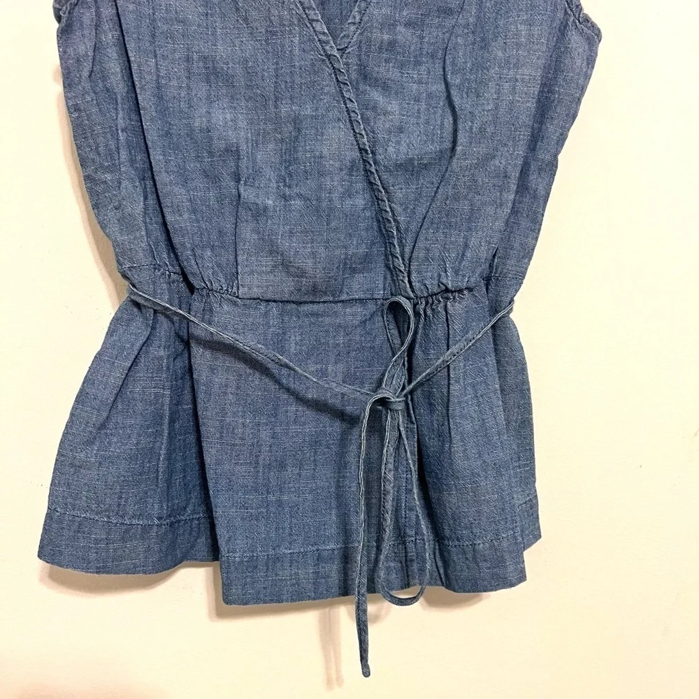 2/$30 J. Crew - Chambray Flutter Sleeve Faux Wrap Tie Waist Blouse Blue Size 00